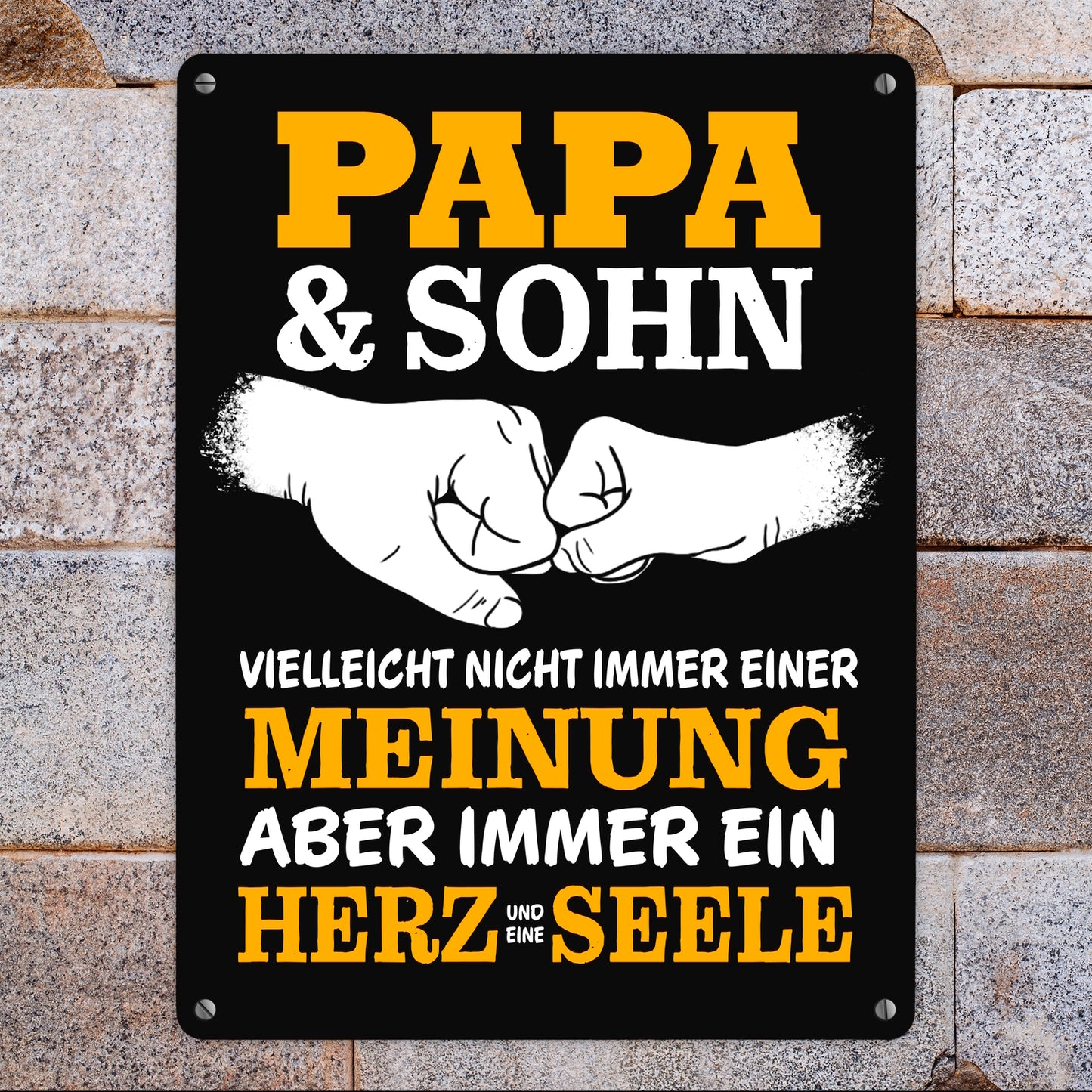 Papa & Sohn, ein Herz und eine Seele Metallschild XL in 21x28 cm mit Spruch in gelb