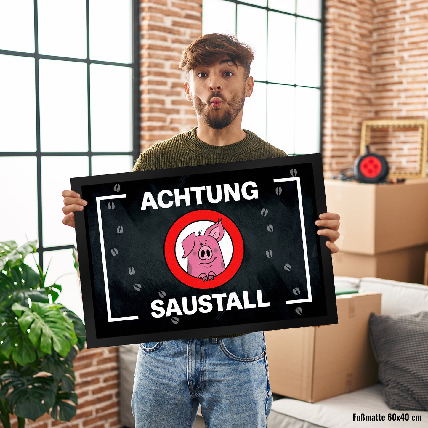 Achtung Saustall Fußmatte XL in 40x60 cm mit niedlichem Comic-Schwein im Warnkreis