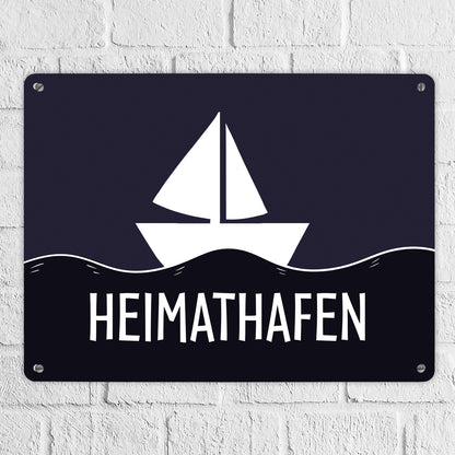 Heimathafen Metallschild mit Schiff und Meeresmotiv