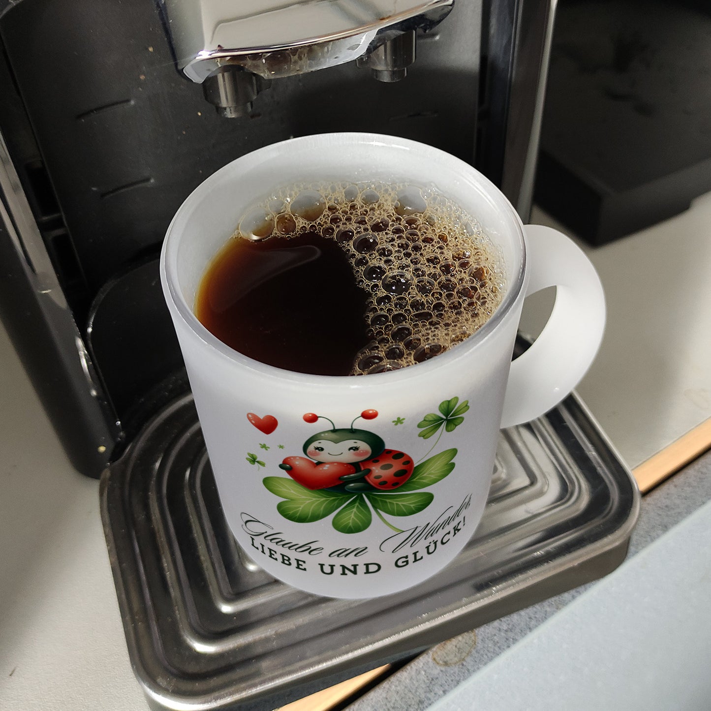 Marienkäfer Glas Tasse mit Spruch Glaube an Wunder, Liebe und Glück!