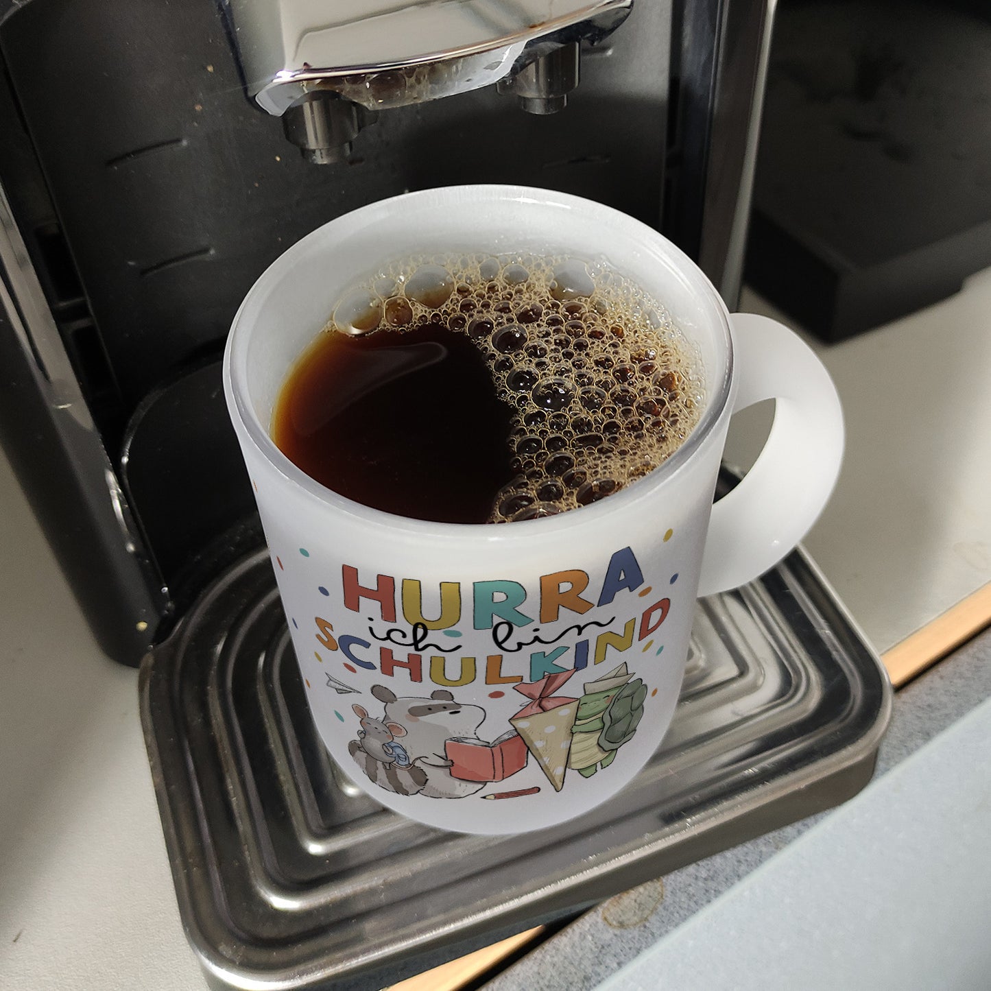 Tiere zur Einschulung Glas Tasse mit Spruch Hurra ich bin Schulkind