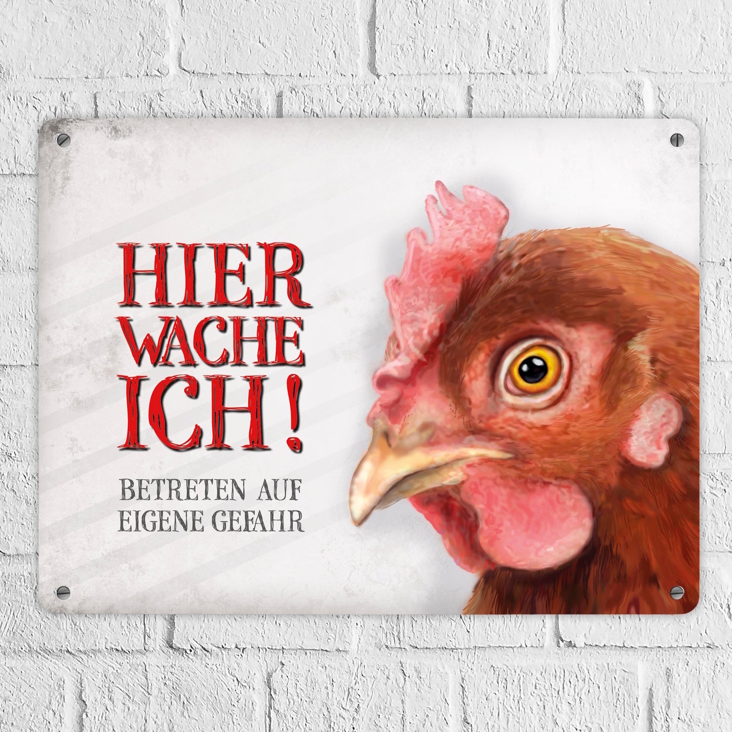 Metallschild XL mit Huhn Motiv und Spruch: Betreten auf eigene Gefahr ...