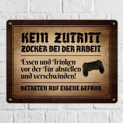 Metallschild XL mit Controller Motiv und Spruch: Kein Zutritt! Zocker bei der Arbeit