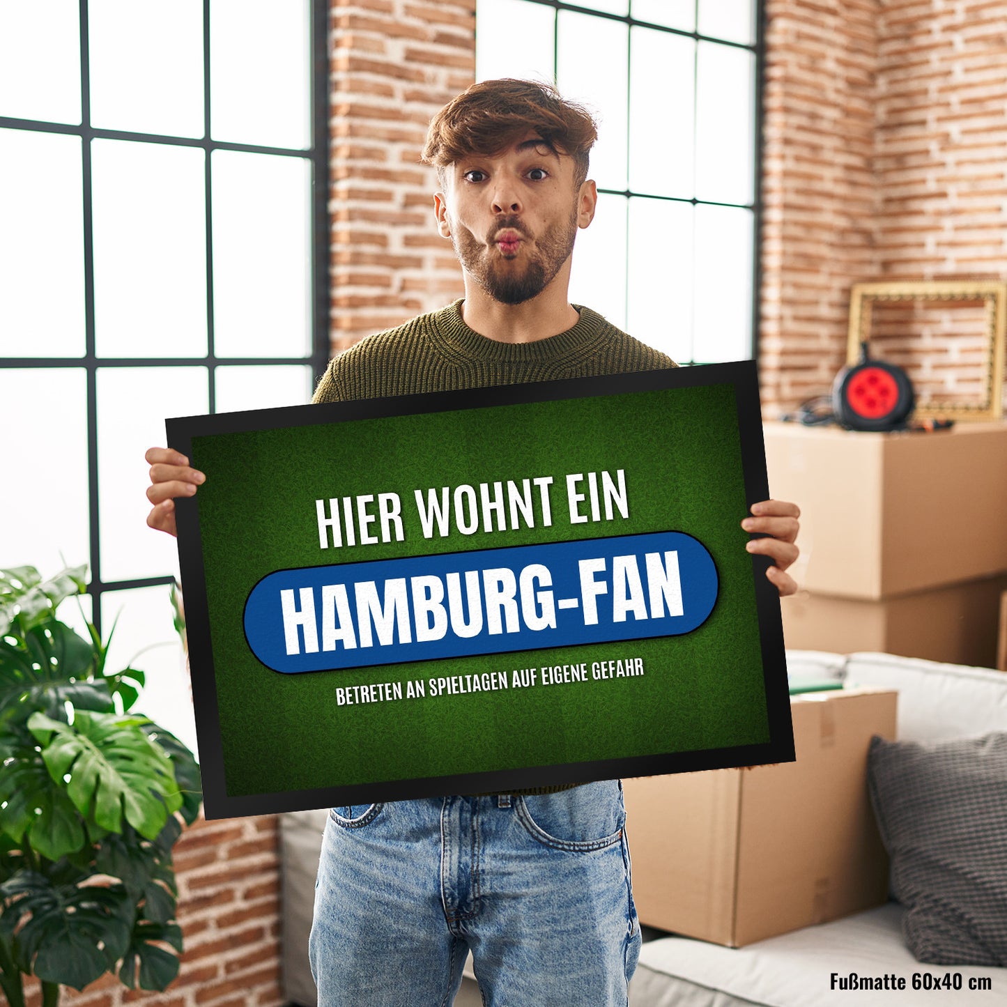 Hier wohnt ein Hamburg-Fan Fußmatte XL mit Rasen Motiv