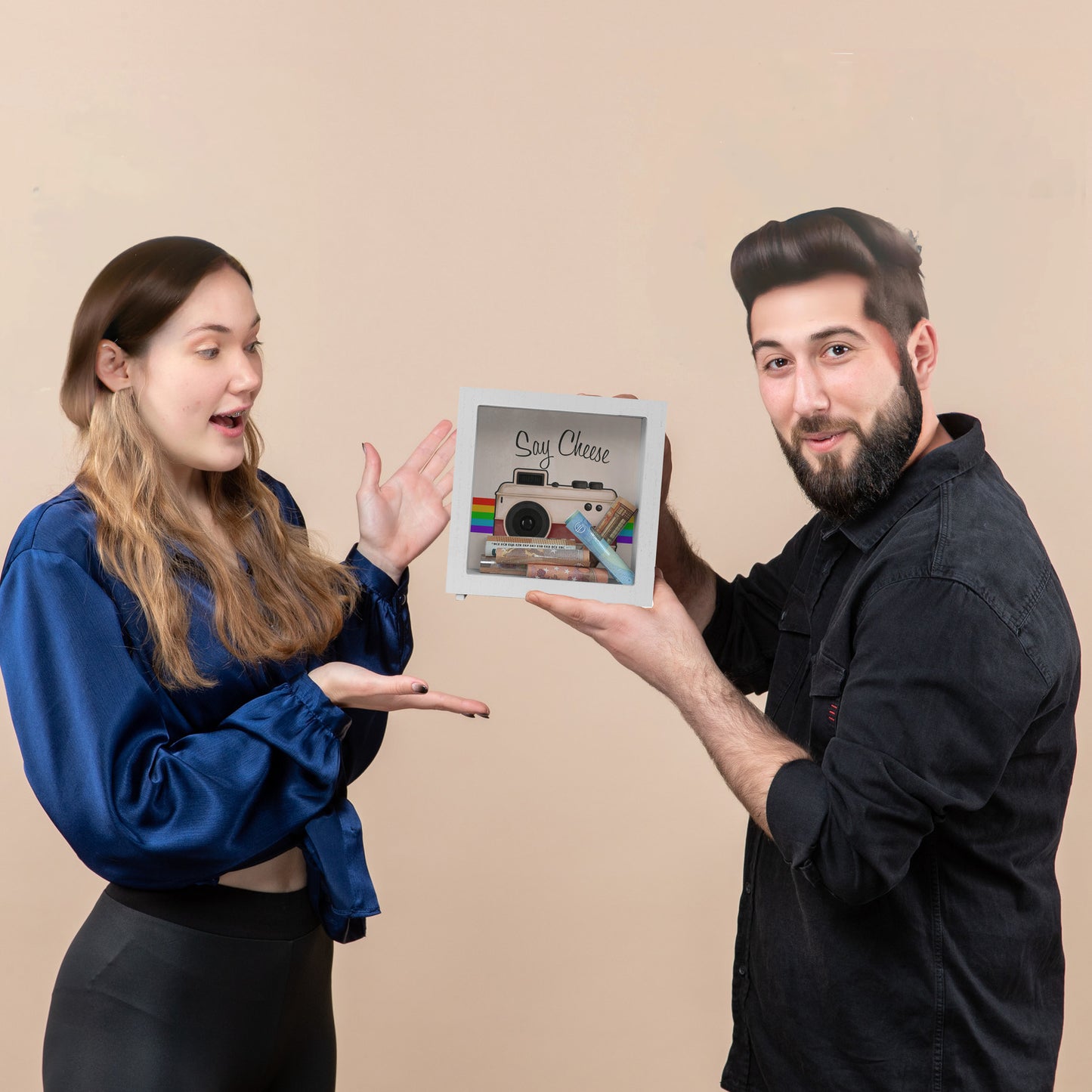 Say Cheese Rahmen Spardose aus Holz mit Retro Kameramotiv