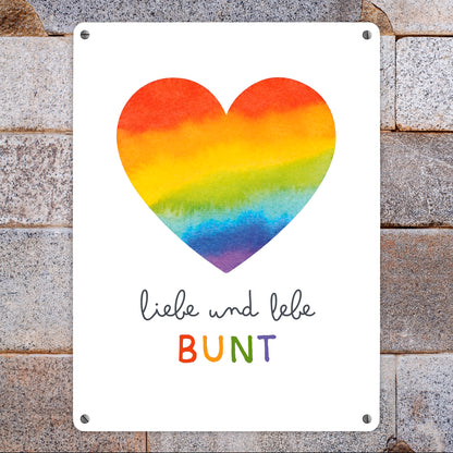 Regenbogenherz Metallschild XL in 21x28 cm mit Spruch Liebe und lebe bunt