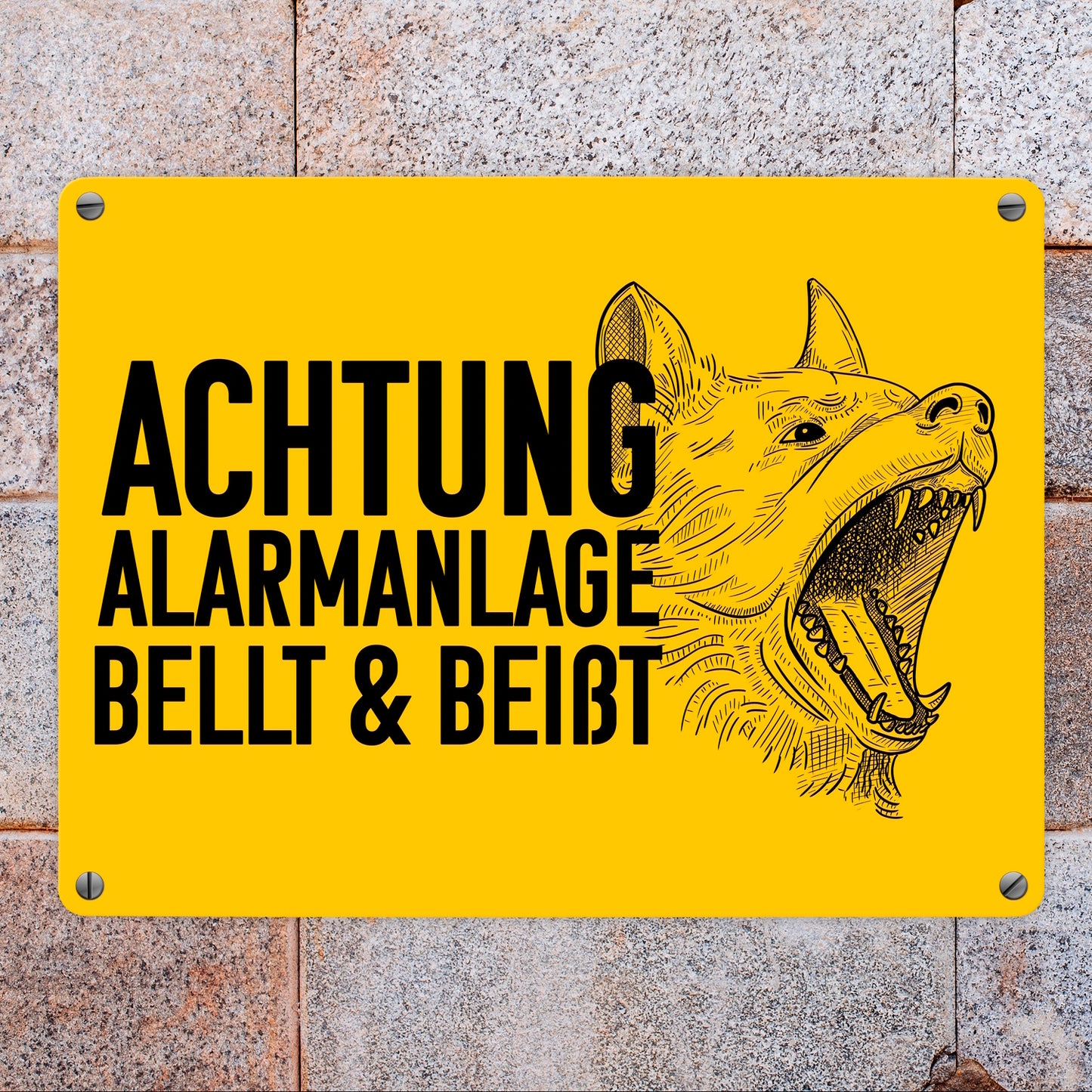 Achtung Alarmanlage bellt und beißt Metallschild in 15x20 cm mit Hunde Motiv