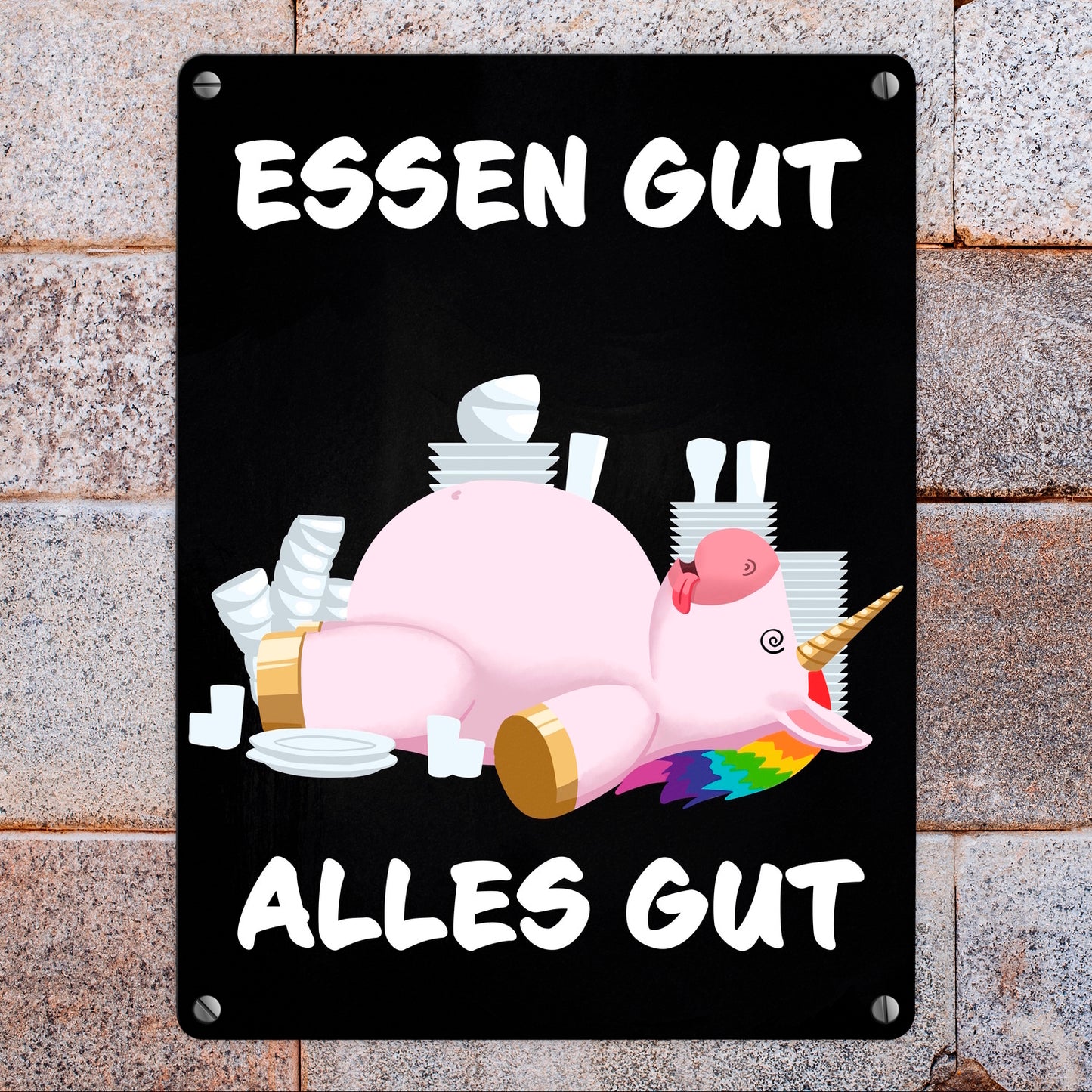 Essen gut alles gut witziges Metallschild in 15x20 cm mit dickem Einhorn