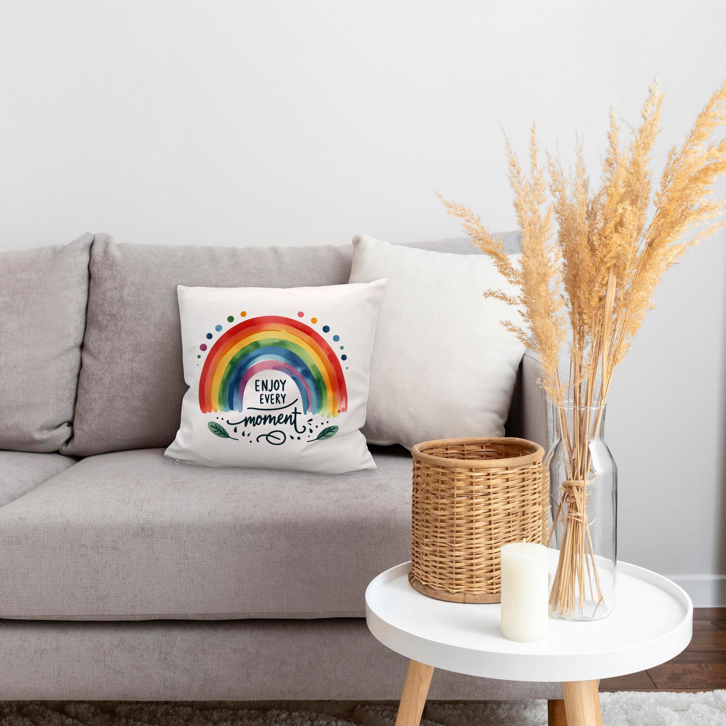 Regenbogen Kuschelkissen mit Spruch Enjoy every moment