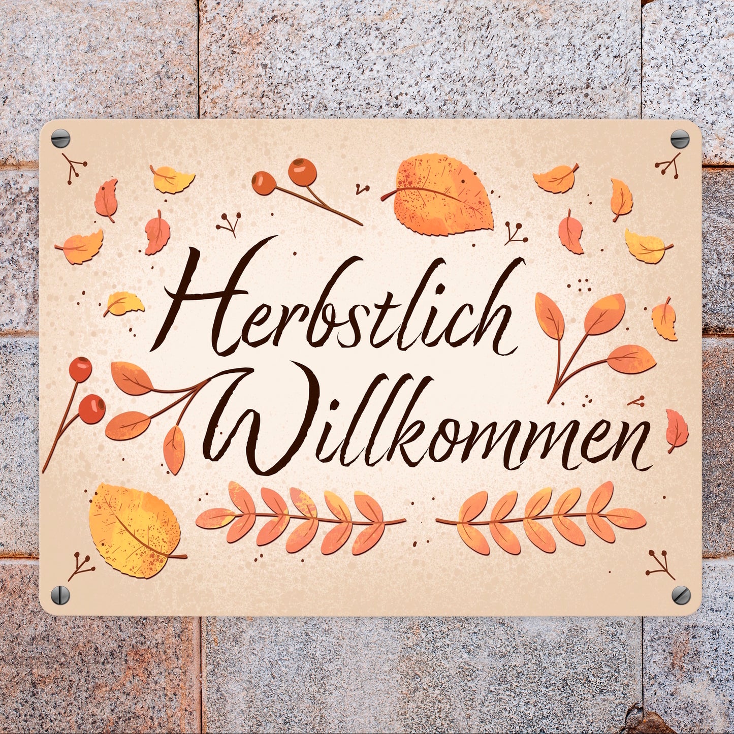 Herbstlich Willkommen Metallschild in 15x20 cm mit bunten Blättern