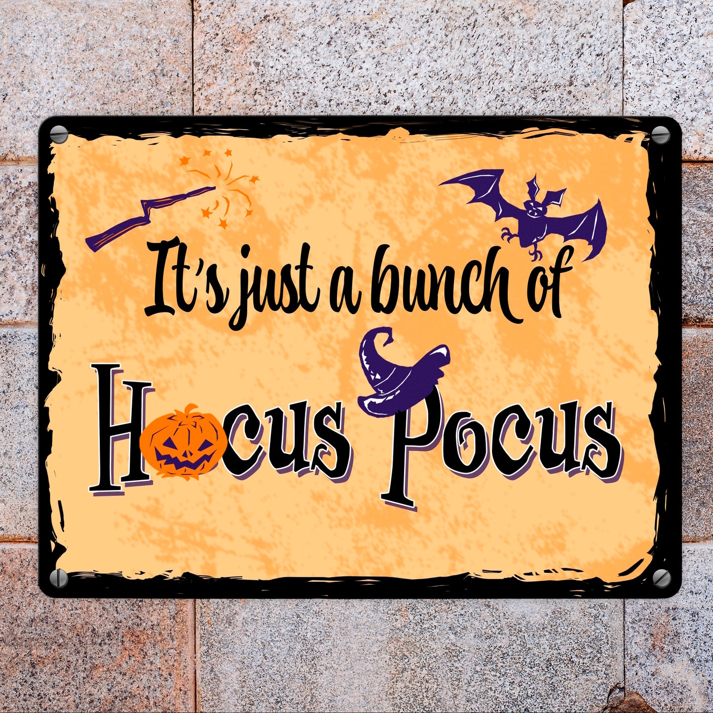 Metallschild in 15x20 cm mit Halloween Motiv und Spruch - It's just a bunch of Hocus Pocus -