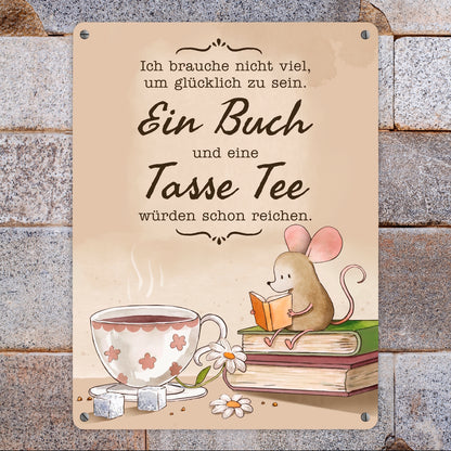 Maus mit Buch Metallschild XL in 21x28 cm mit Spruch Buch und Tee machen mich glücklich