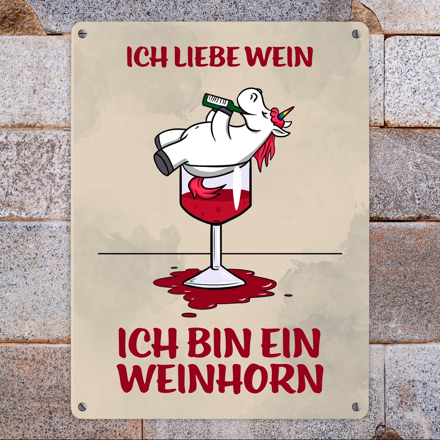 Metallschild XL in 21x28 cm mit Motiv und Spruch - Ich liebe Wein ich bin ein Weinhorn