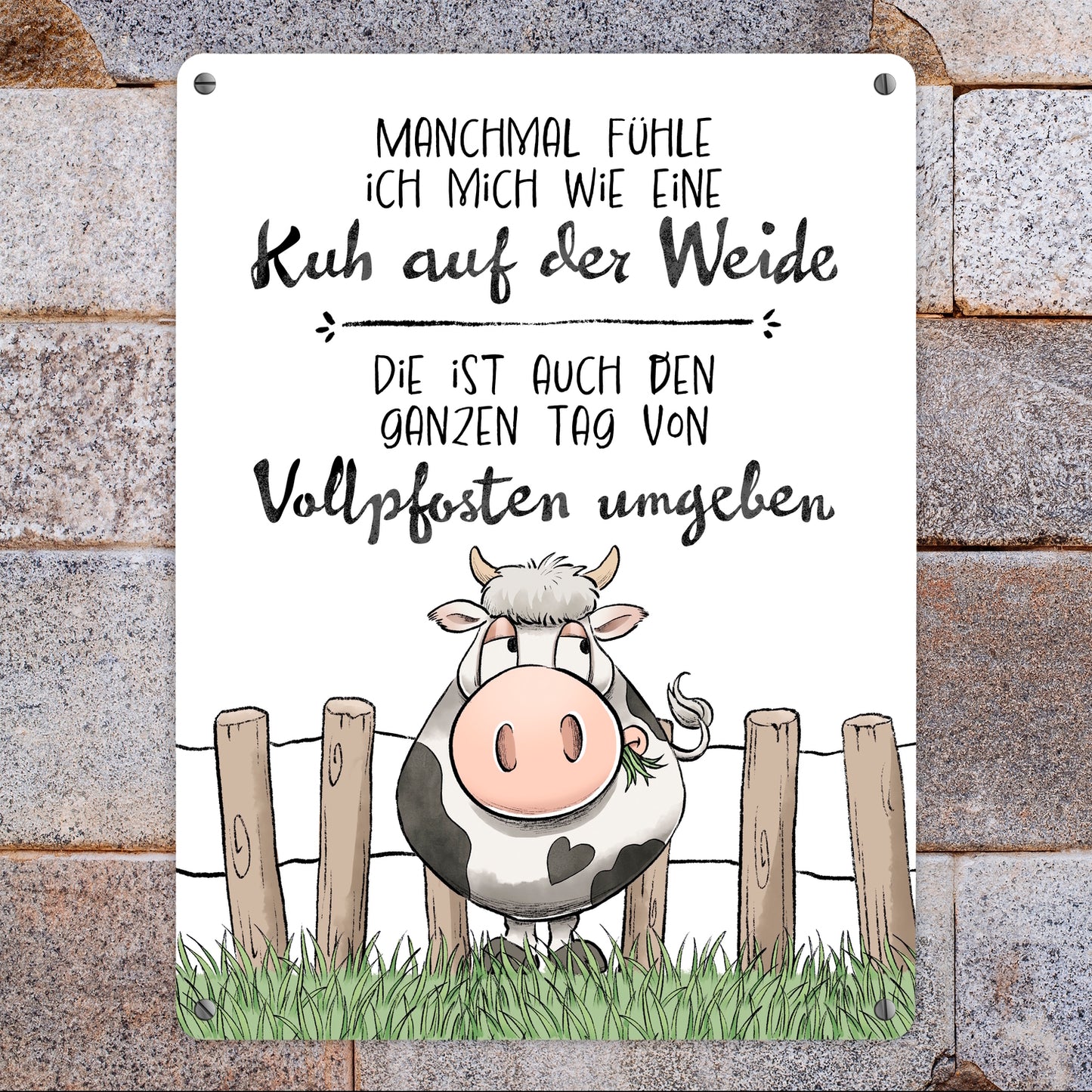 Kuh Metallschild XL in 21x28 cm mit Spruch Von Vollpfosten umgeben wie eine Kuh