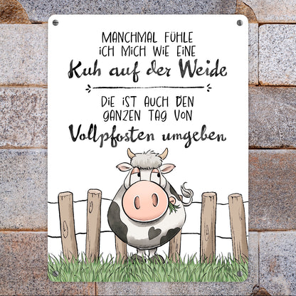 Kuh Metallschild XL in 21x28 cm mit Spruch Von Vollpfosten umgeben wie eine Kuh