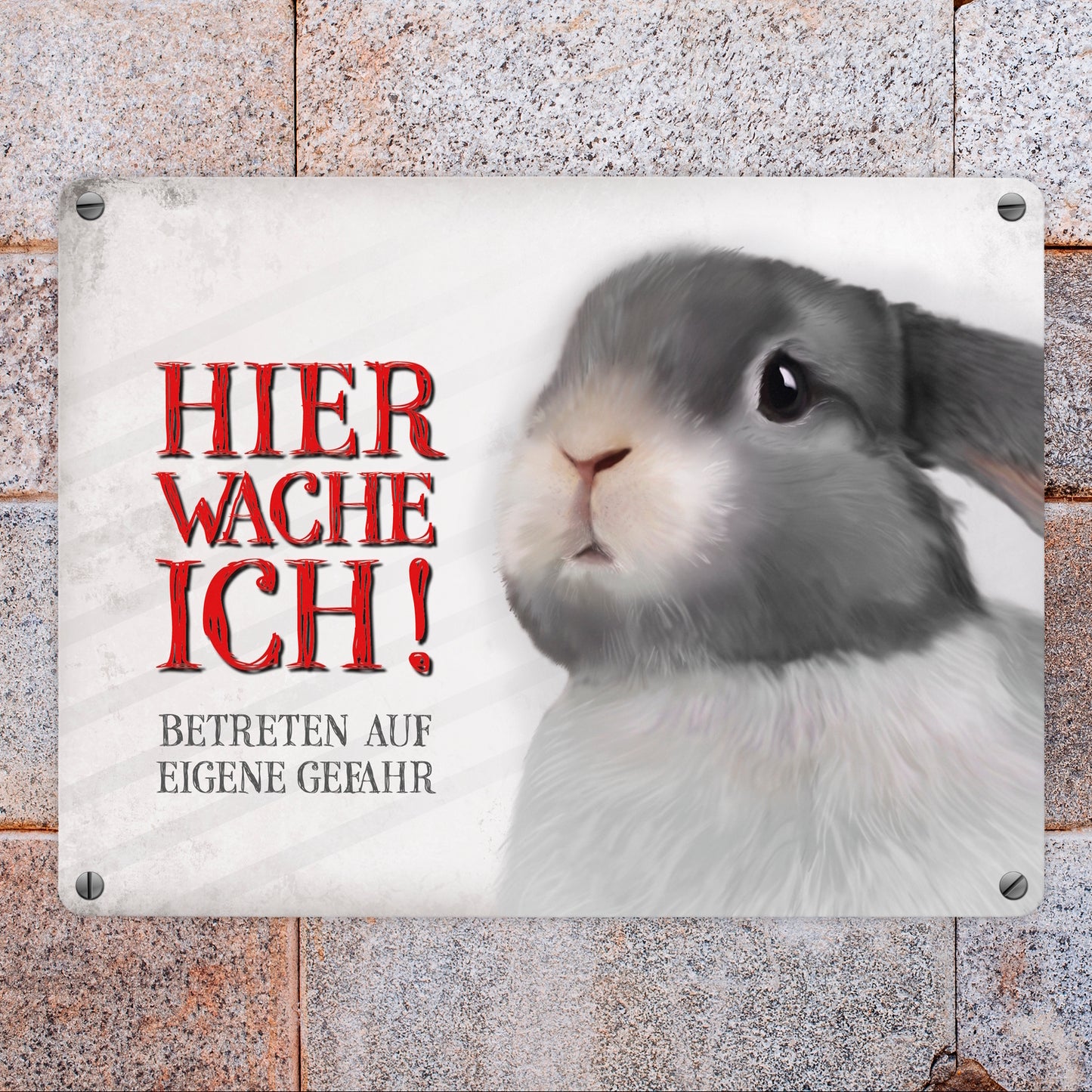 Metallschild mit Hase Motiv und Spruch: Betreten auf eigene Gefahr ...