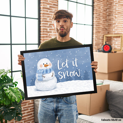 Schneemann im Wintersturm Fußmatte XL in 40x60 cm mit Spruch Let it snow