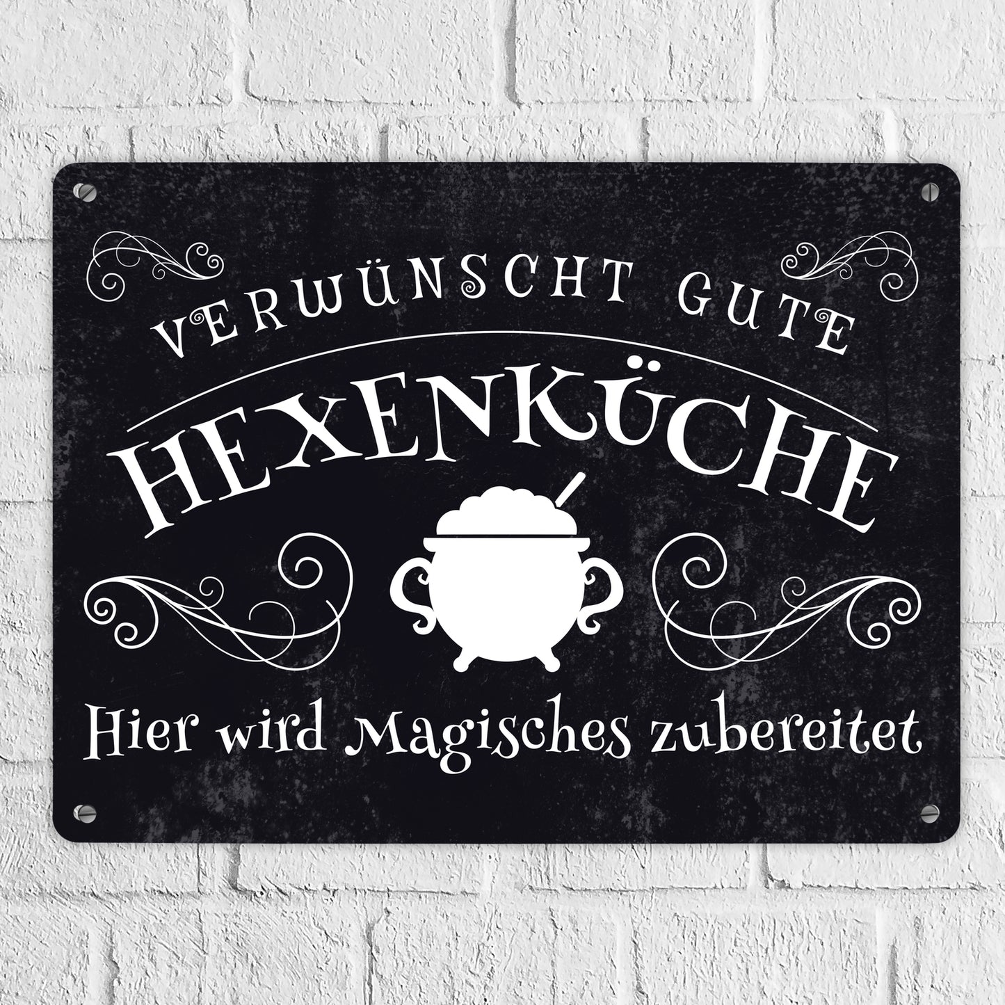 Verwünscht gute Hexenküche Halloween Metallschild XL in 21x28 cm mit lustigem Spruch