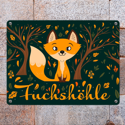 Metallschild in 15x20 cm mit niedlichem Fuchs im Wald und Herbst Motiven - Fuchshöhle