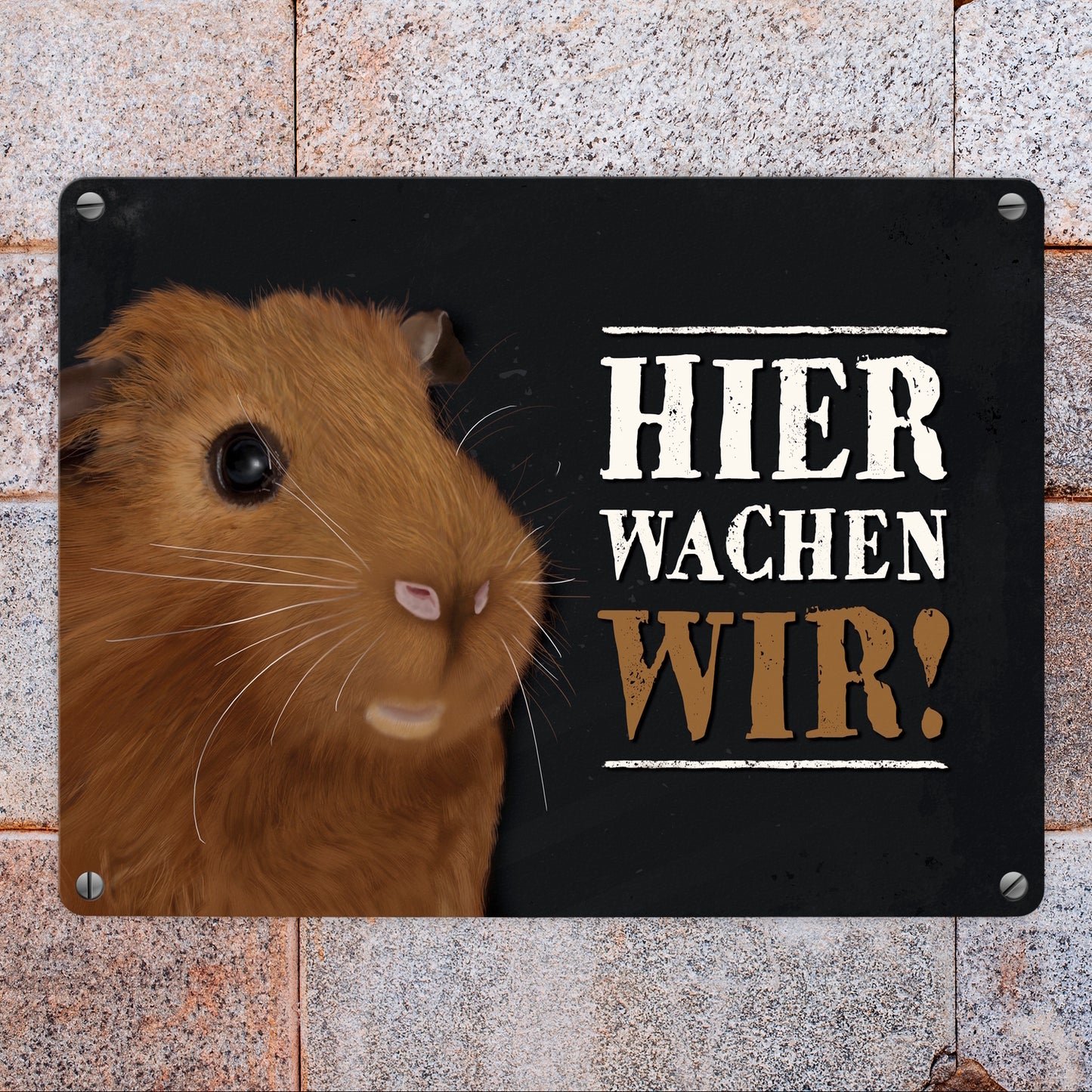 Metallschild mit Meerschweinchen Motiv und Spruch: Hier wachen wir!