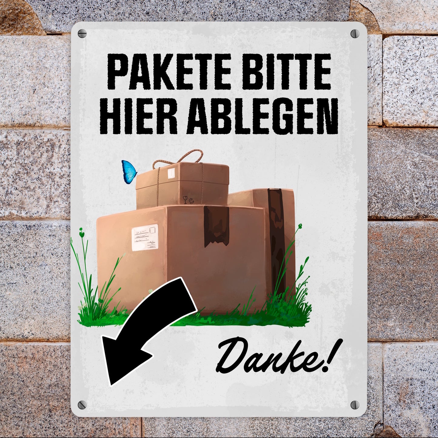 Pakete bitte hier ablegen, Danke! Metallschild XL in 21x28 cm - Pfeil links