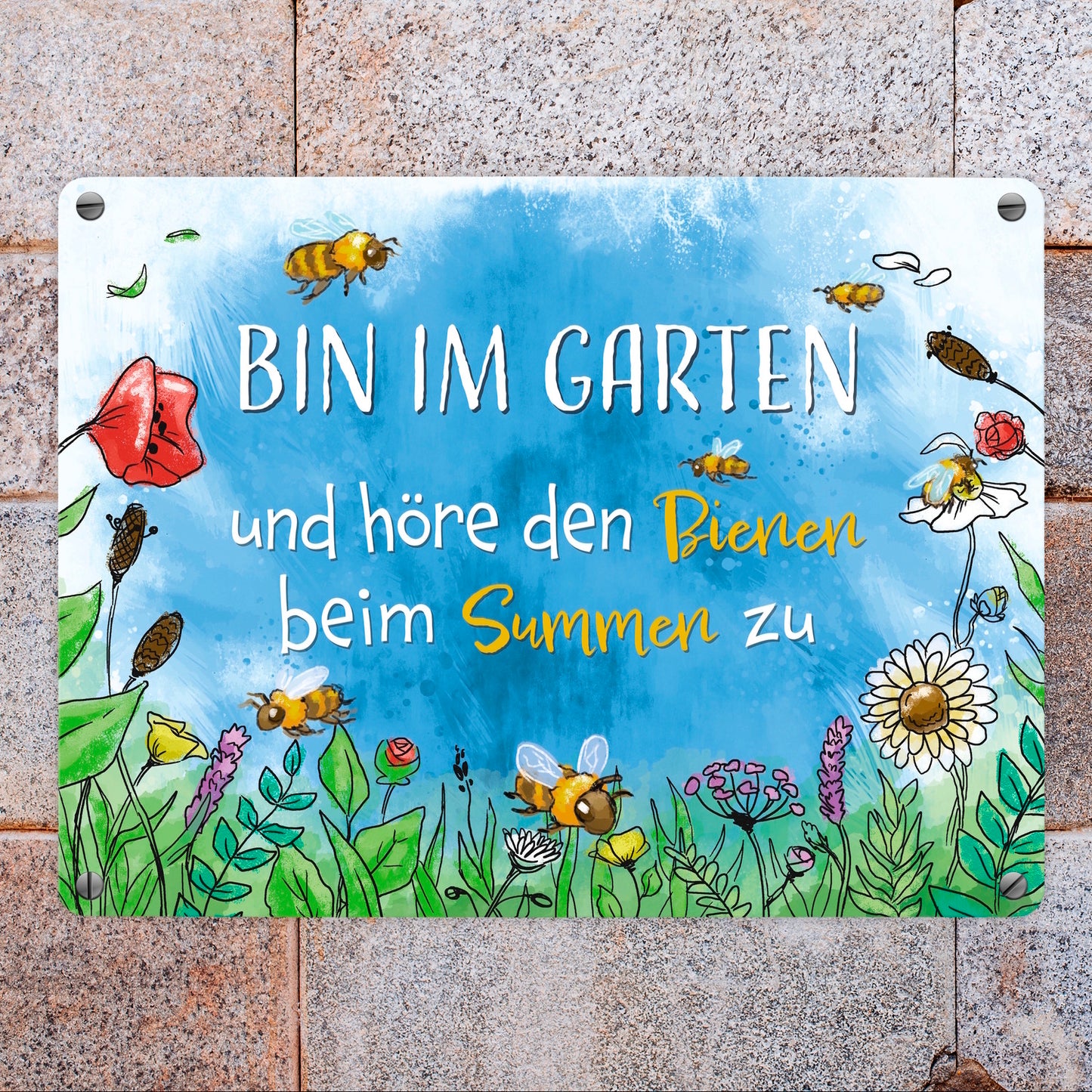 Bin im Garten Metallschild in 15x20 cm mit Blumenwiese und Bienen