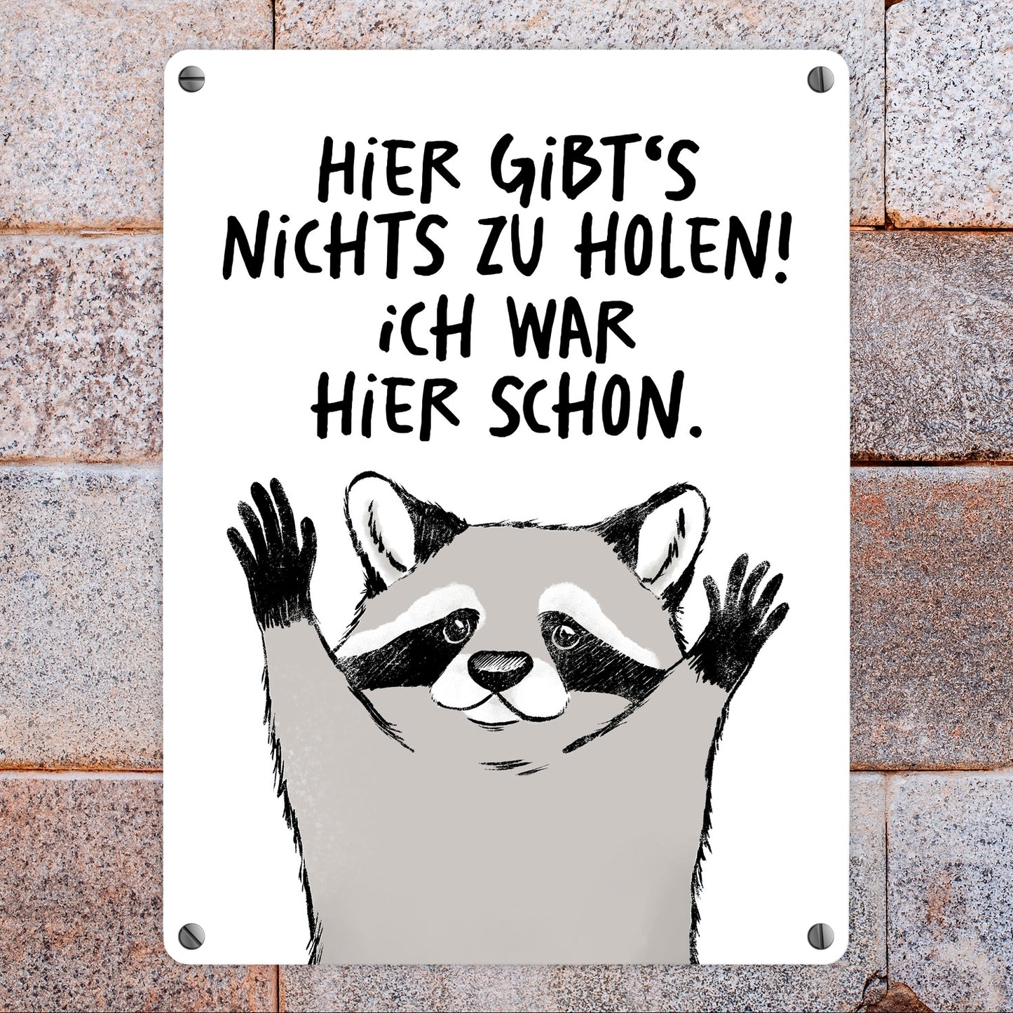 Waschbär Metallschild in 15x20 cm mit Spruch Hier gibts nichts zu holen