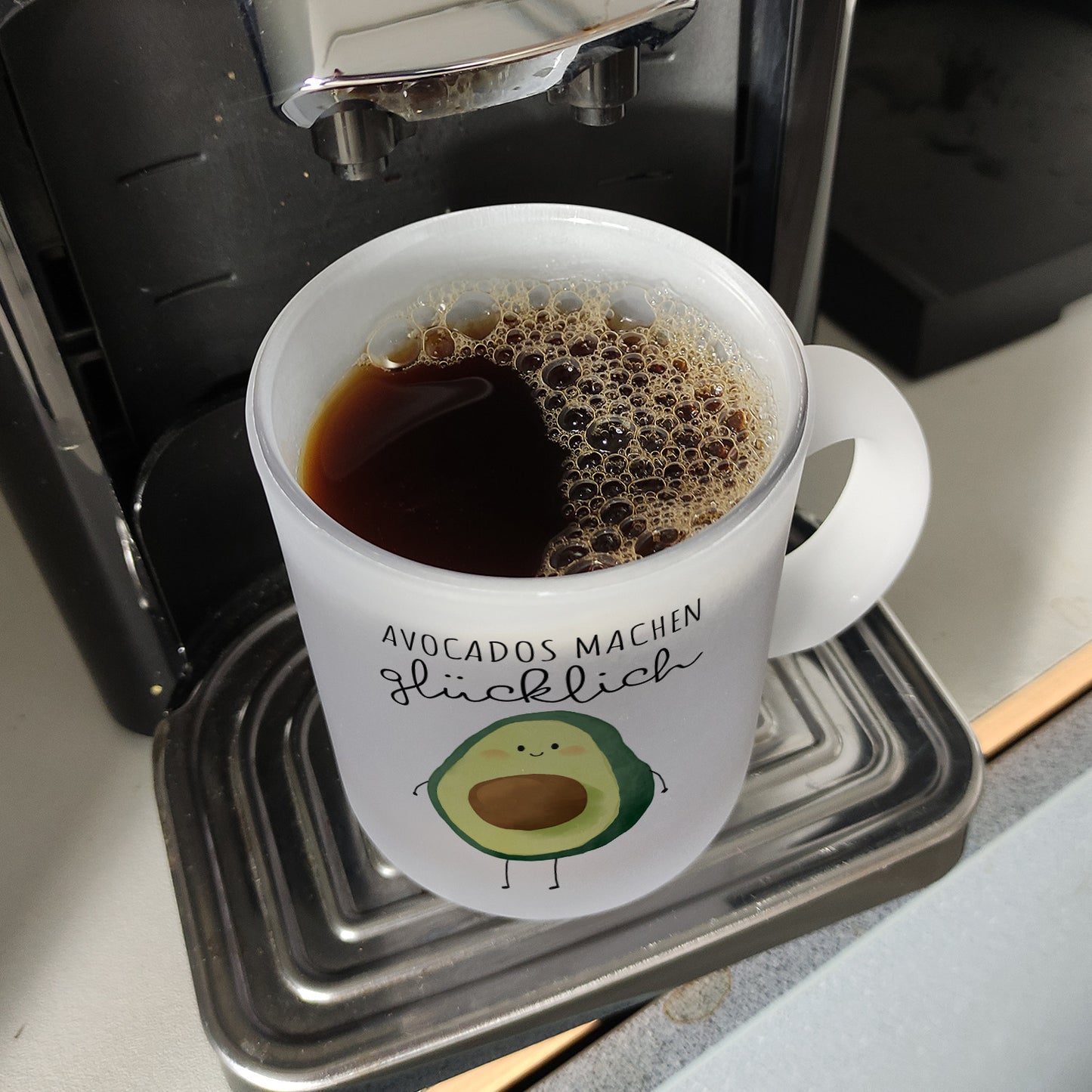 Niedliche Avocado Glas Tasse mit Spruch Avocados machen glücklich