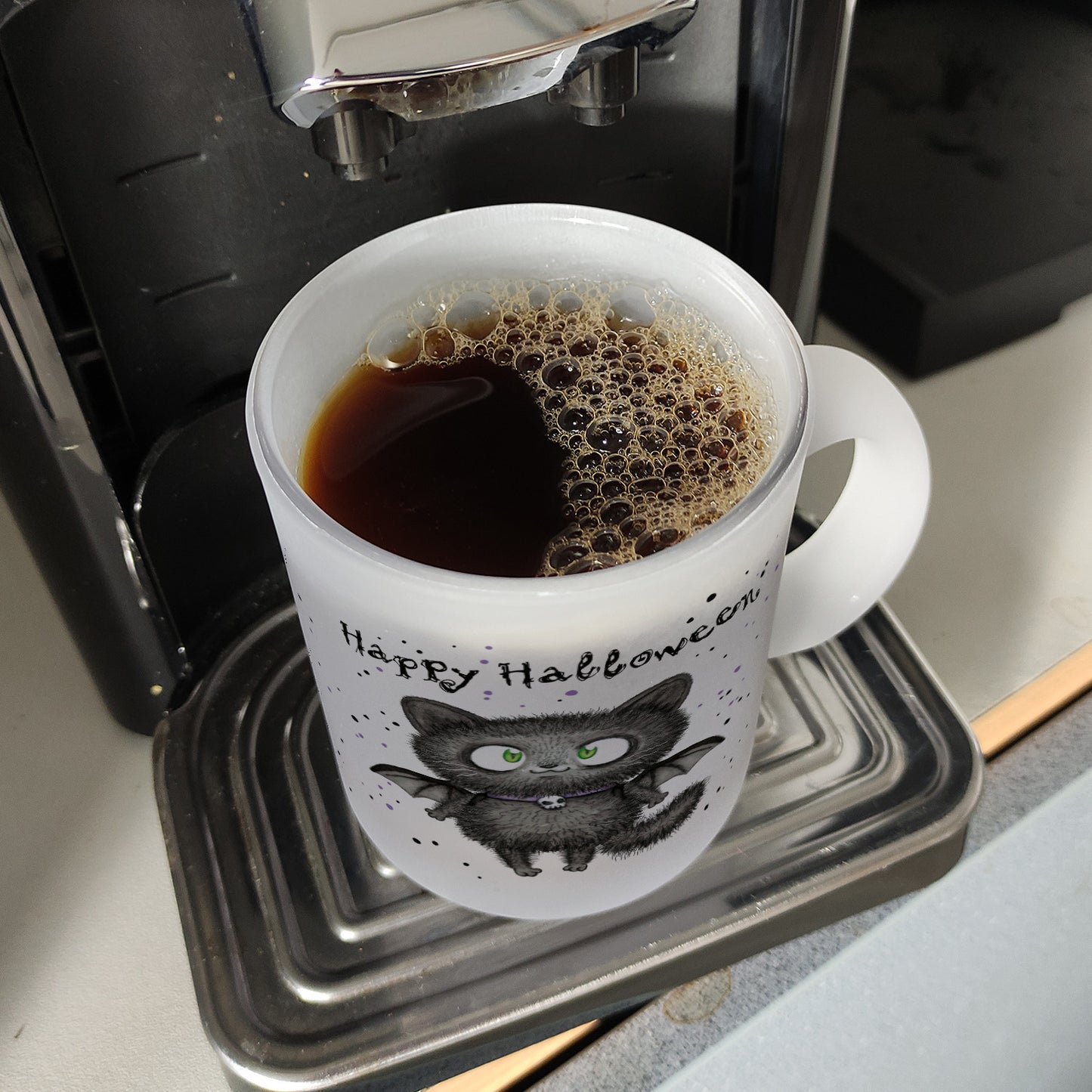 Happy Halloween Glas Tasse mit schwarzer Fledermaus-Katze