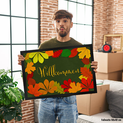 Willkommen Herbst Fußmatte XL in 40x60 cm mit Laubkranz