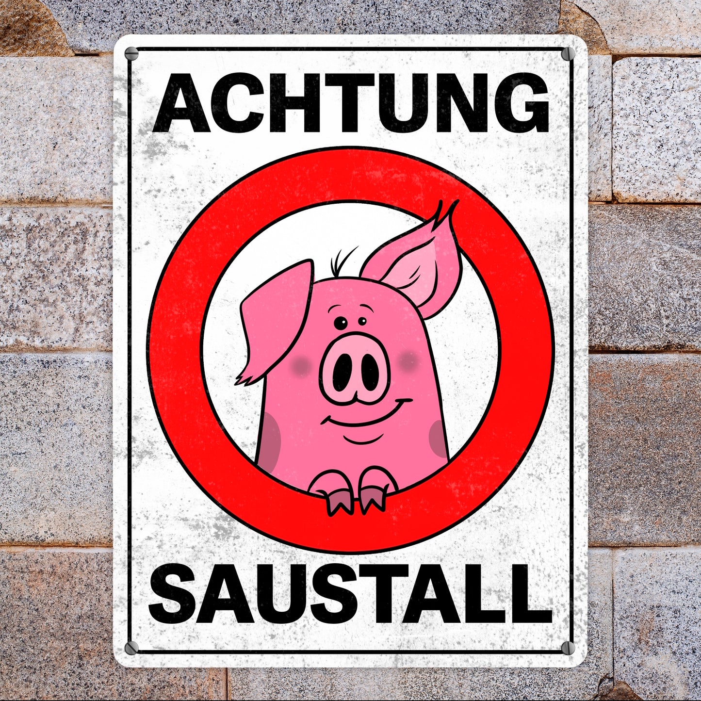 Achtung Saustall Metallschild XL in 21x28 cm mit lustigem Comic-Schwein in einem Warnkreis