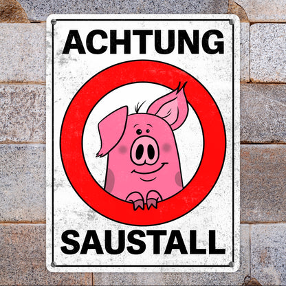 Achtung Saustall Metallschild XL in 21x28 cm mit lustigem Comic-Schwein in einem Warnkreis