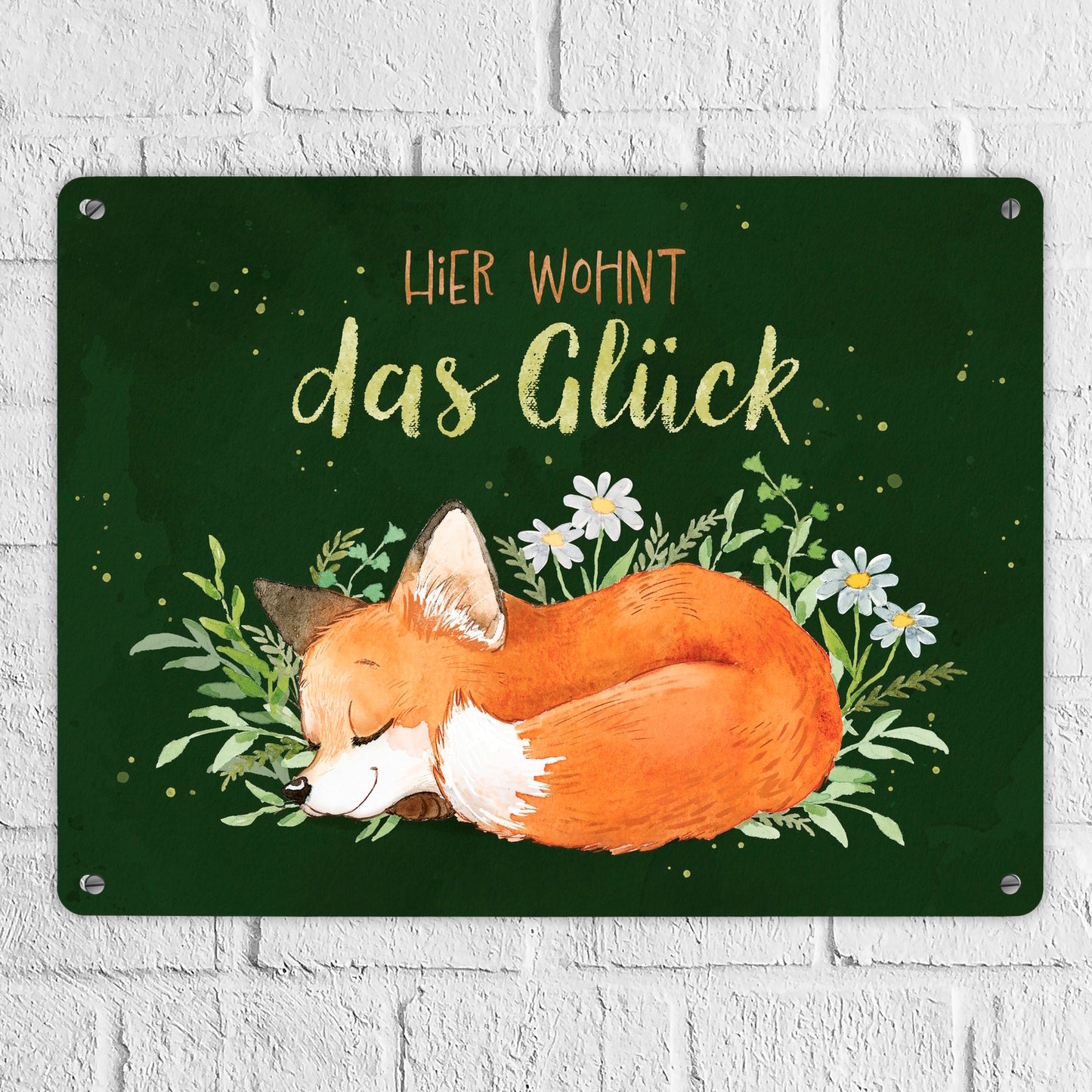 Fuchs Metallschild XL in 21x28 cm in grün mit Spruch Hier wohnt das Glück