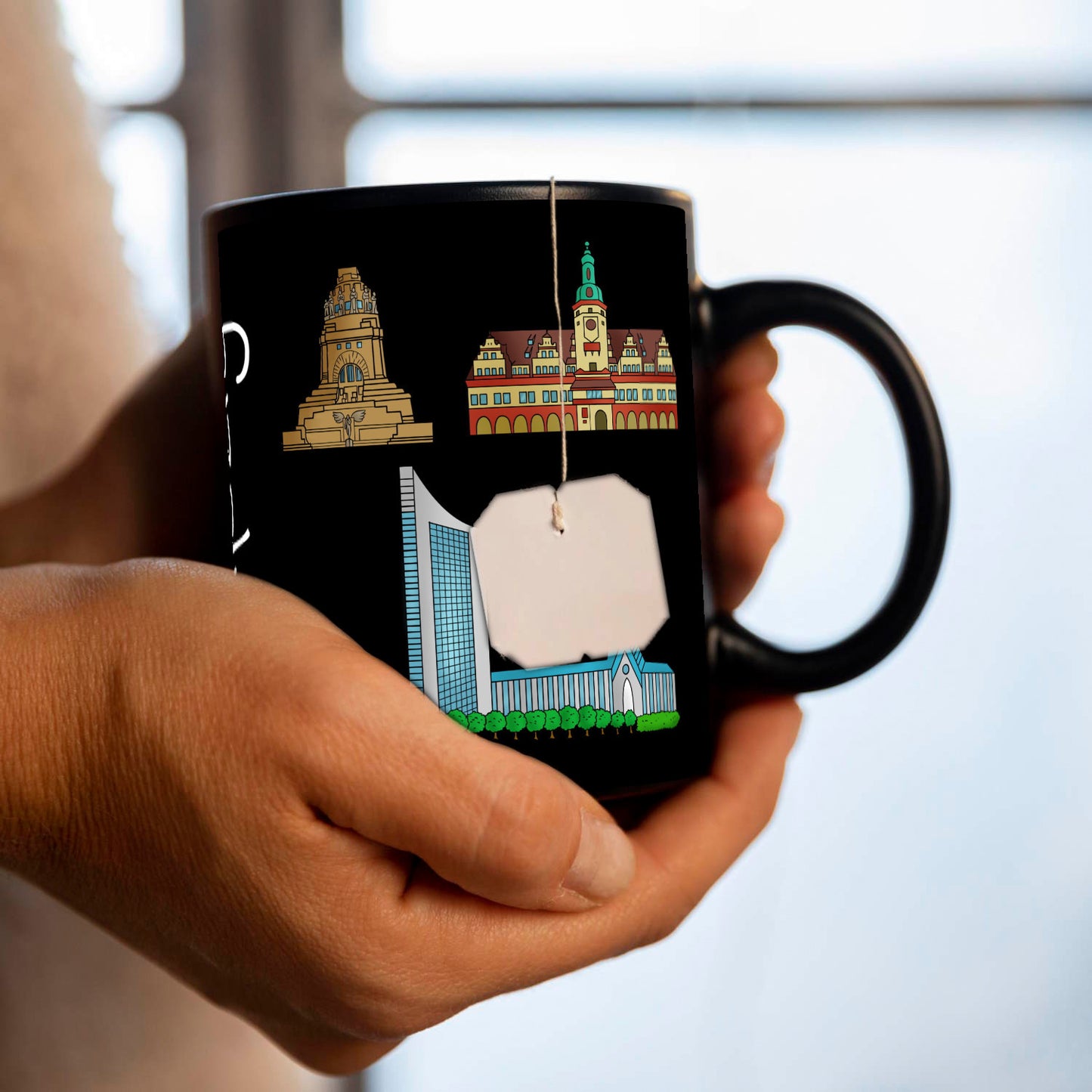 Leipzig Wahrzeichen Tasse in schwarz