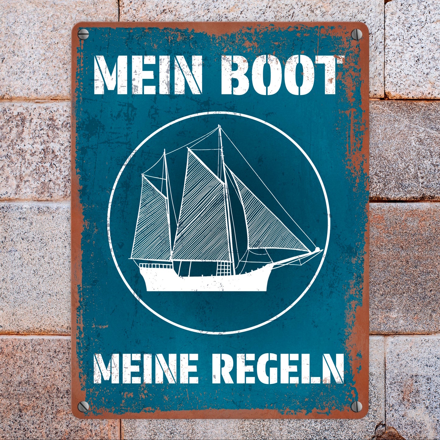 Mein Boot meine Regeln Metallschild in 15x20 cm mit Rostoptik in blau