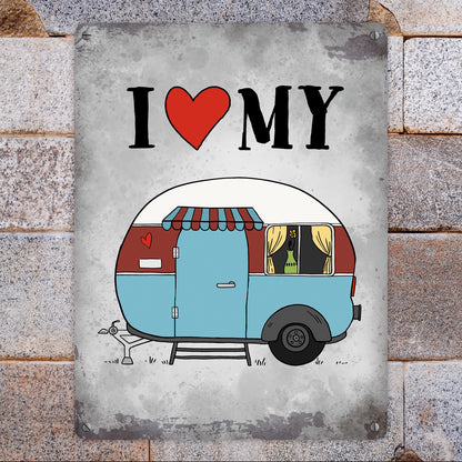 Metallschild XL mit Wohnwagen Motiv und Spruch: I love my Caravan