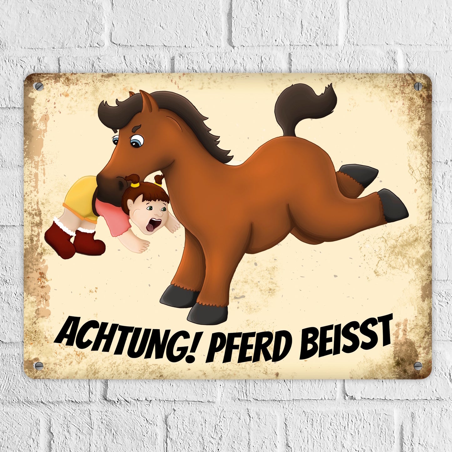 Metallschild XL mit Pferde Motiv und Spruch: Achtung! Pferd beisst