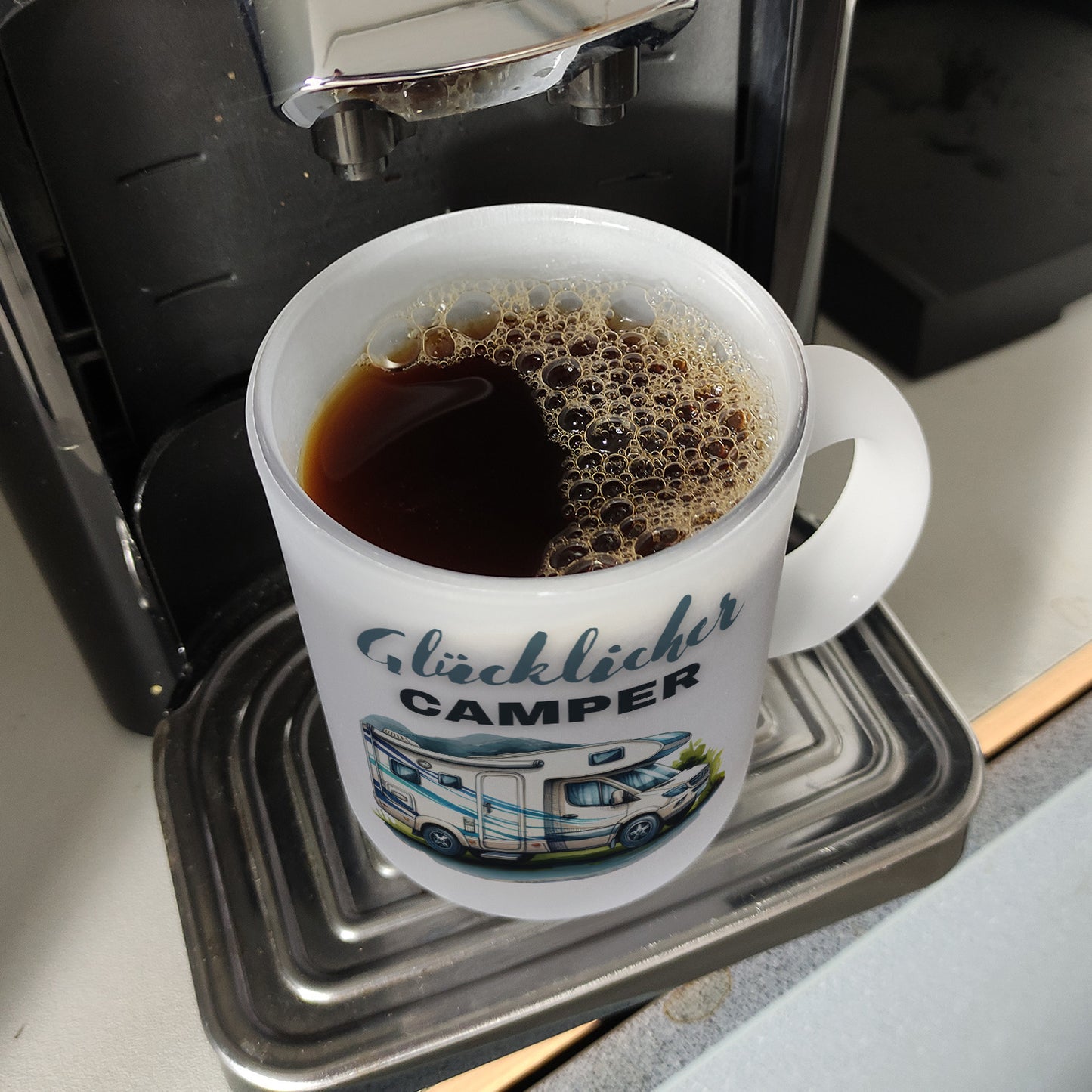 Wohnmobil Glas Tasse mit Spruch Glücklicher Camper