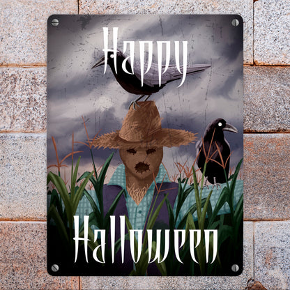 Metallschild in 15x20 cm mit gruseliger Vogelscheuche und Schriftzug - Happy Halloween