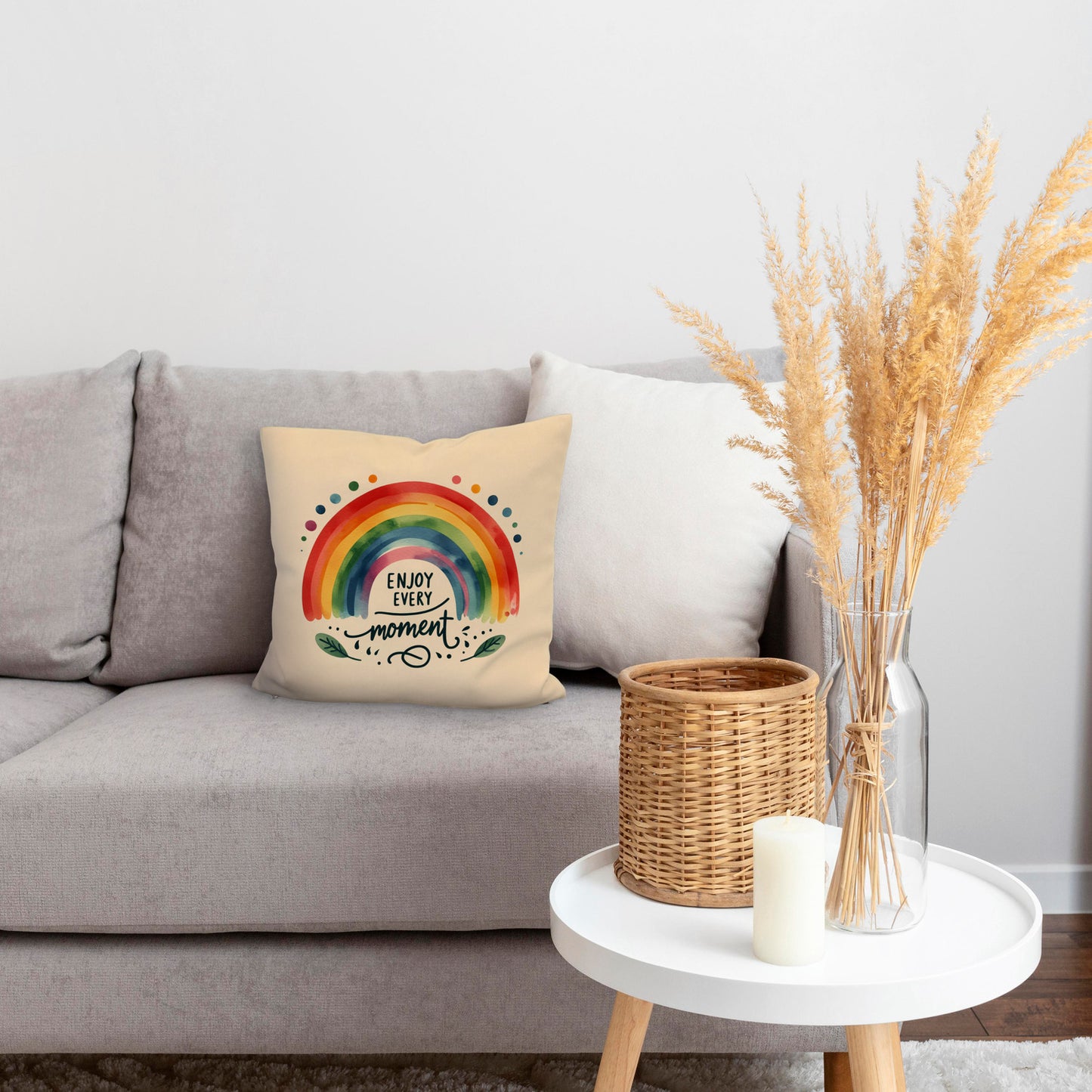 Regenbogen Kissen mit Leinenoptik mit Spruch Enjoy every moment