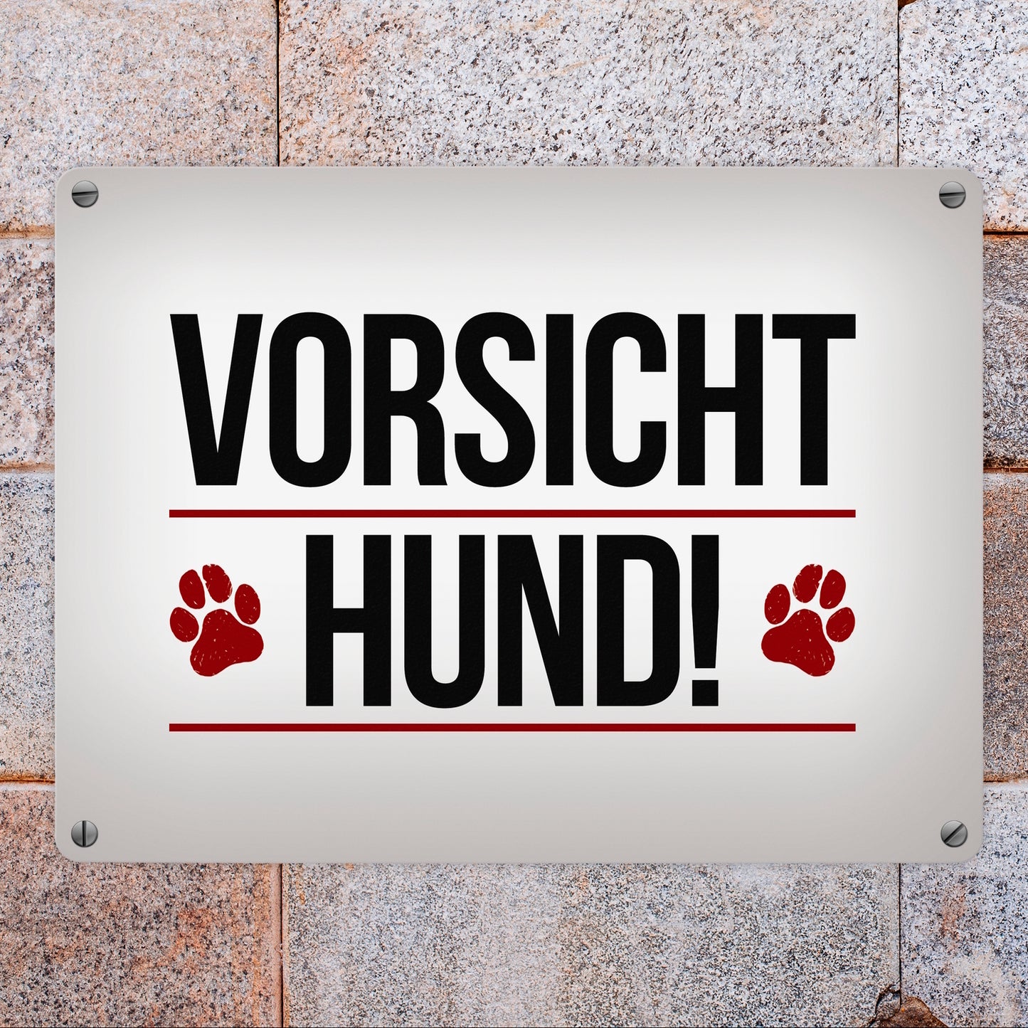 Vorsicht Hund! Metallschild mit Pfoten in rot