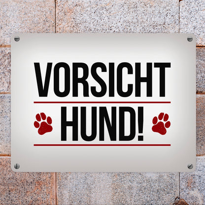 Vorsicht Hund! Metallschild mit Pfoten in rot