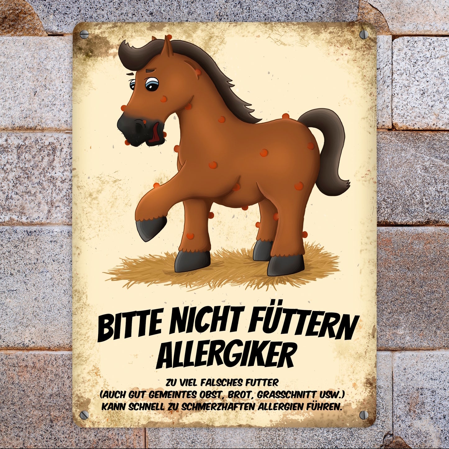 Metallschild XL mit braunem Pferd Motiv und Spruch: Bitte nicht füttern - Allergiker