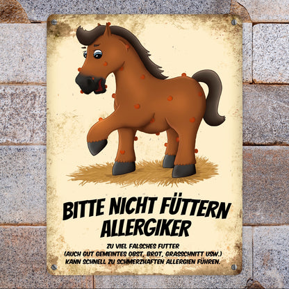 Metallschild XL mit braunem Pferd Motiv und Spruch: Bitte nicht füttern - Allergiker