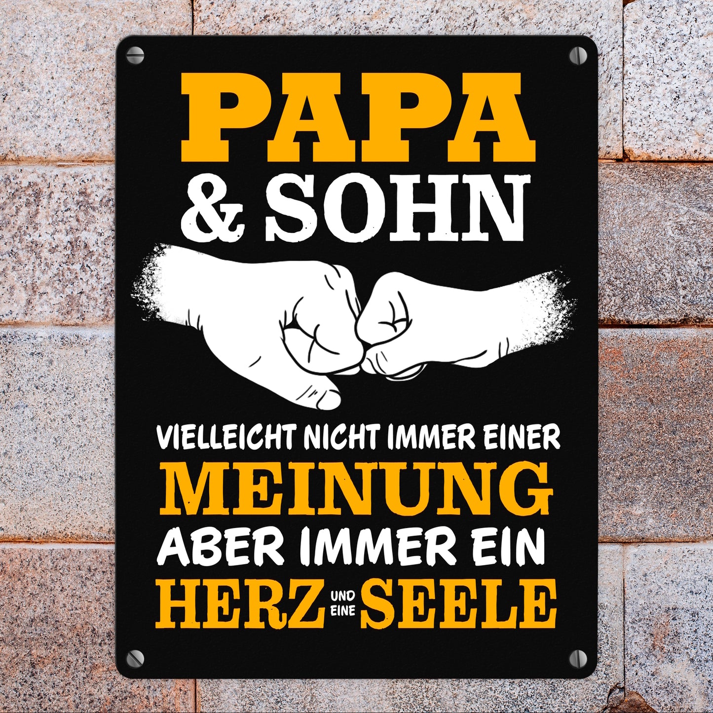 Papa & Sohn, ein Herz und eine Seele Metallschild in 15x20 cm mit Spruch in gelb