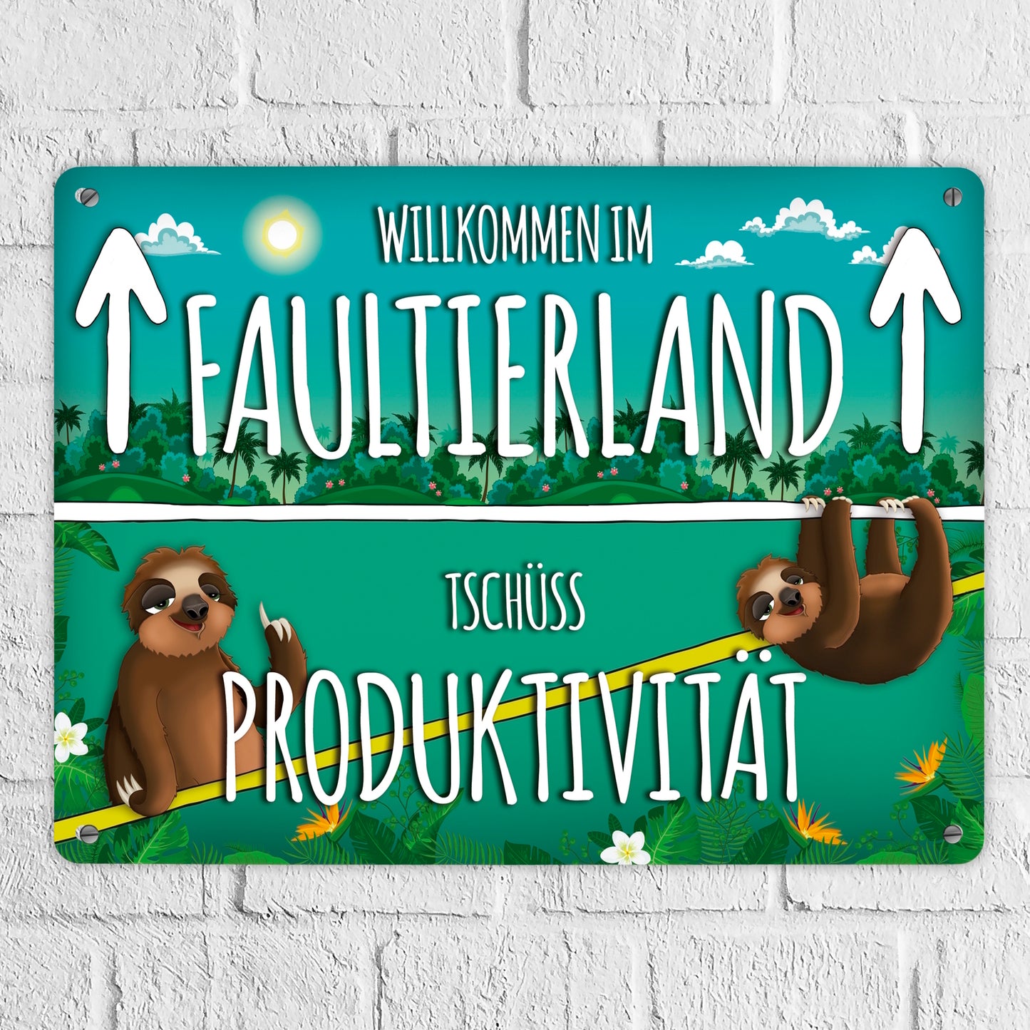 Metallschild XL mit Faultier Motiv und Spruch: Willkommen im Faultierland ...