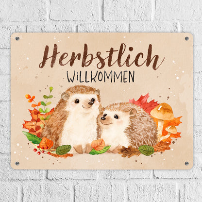 Igel Paar Metallschild XL in 21x28 cm mit Spruch Herbstlich Willkommen