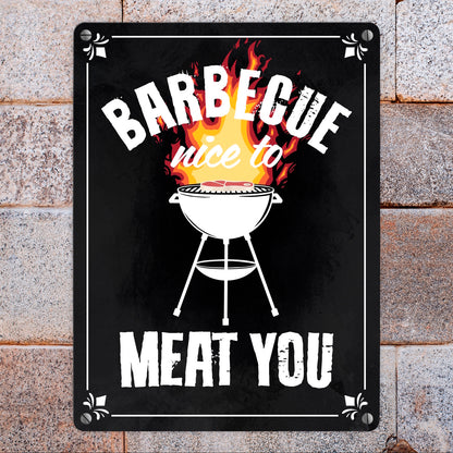 Barbecue - nice to meat you Metallschild in 15x20 cm mit Grill