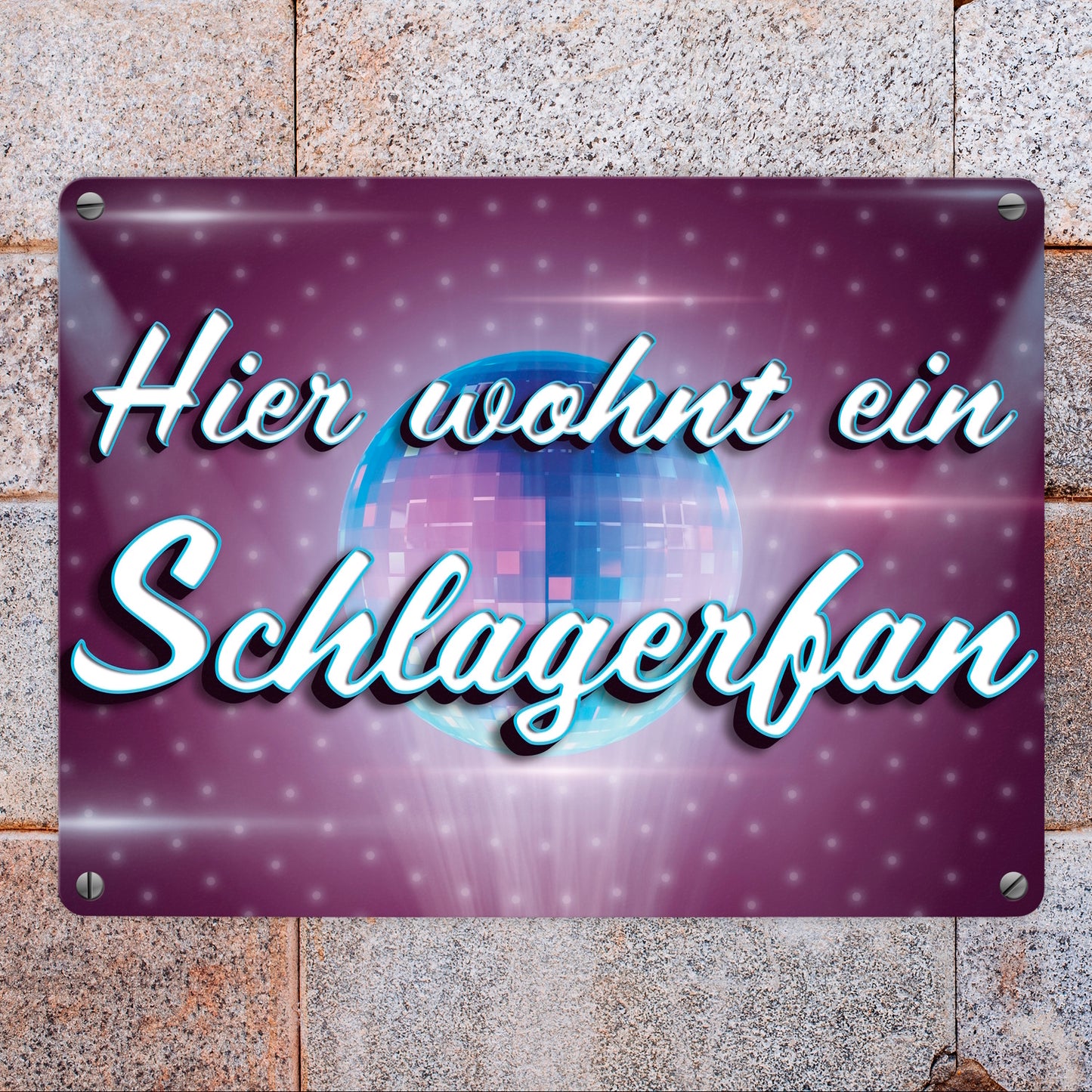 Hier wohnt ein Schlagerfan Metallschild in 15x20 cm mit Discokugel