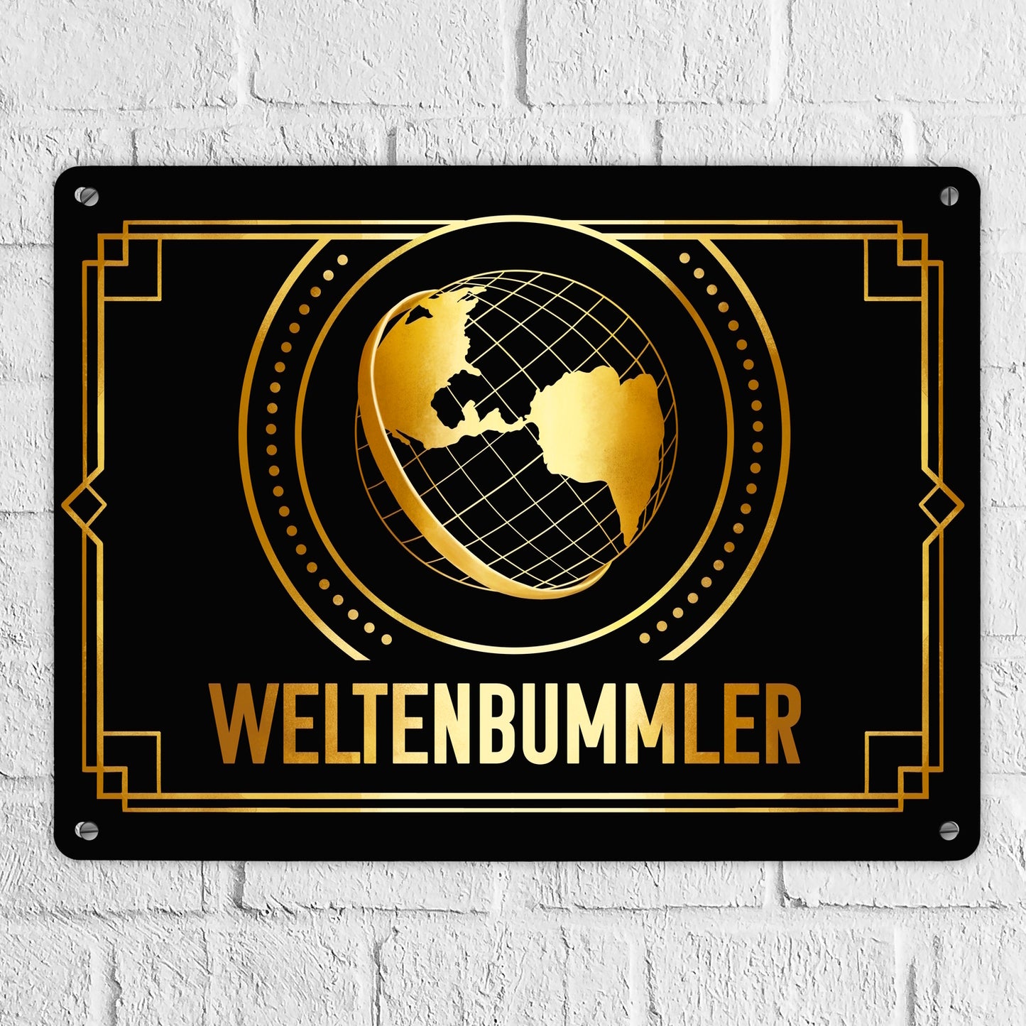 Weltenbummler Metallschild XL in 21x28 cm mit goldenem Globus und Reisemotiv